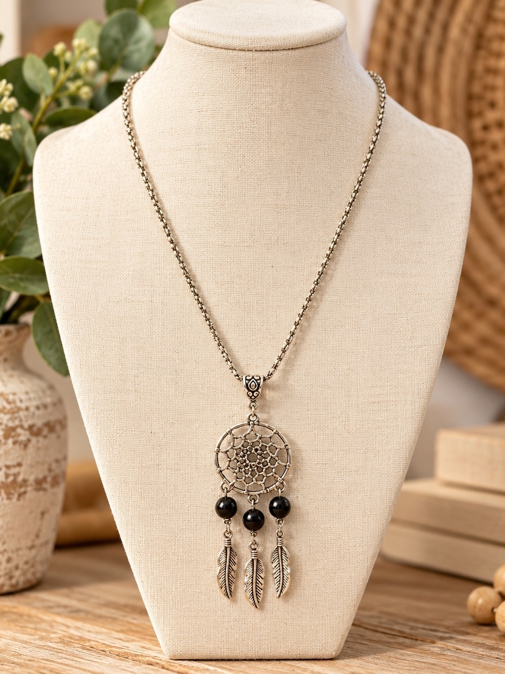 Boho Silver Tone Dreamcatcher Necklace Black Beads Feather Pendant